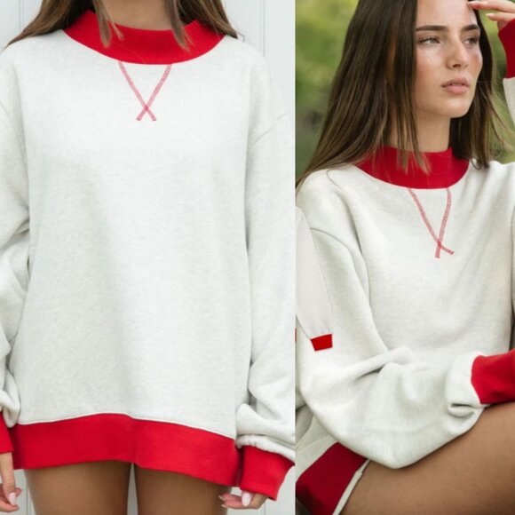 Parke Two Toned Heather Gray and Red Mockneck Sweatshirt - Picture 1 of 1